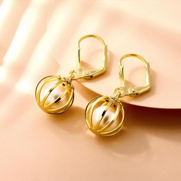 14k Gold Plated Pearl Dangle Drop Hypoallergenic Circle Earrings for Women - Picture 7 of 7